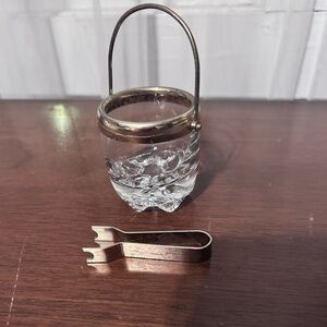 Vintage textured glass condiment server/ mini ice bucket with tongs- preloved